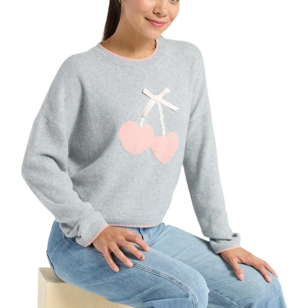 Pink Rose Gray Crewneck Sweater Hearts Cherries Size XL NWT Boxy Soft Girl - Picture 4 of 8